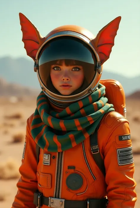 Astronaut with bat-winged ears in orange color and with green and red striped scarf 