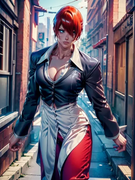 30-year-old woman, alone, alone, athletic, sensual, big breasts, red nails, semi-short red hair, wears brown pants, white shirt, open black jacket, video game character, The King of Fighters, Iori Yagami, blue fire , cinematic, ultra-sharp focus, award-win...