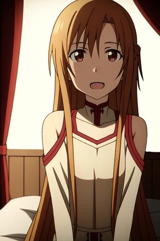 ((best quality)), ((masterpiece)), (be familiar with),  perfect face, indoor, bedroom,  watching viewers,
one woman, yuuki asuna...