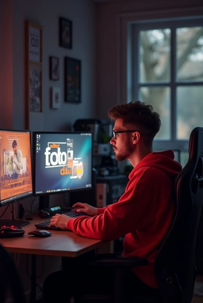 A guy in a red sweatshirt sits at a gaming computer looking at a monitor on the screen of which is written editor foto club 