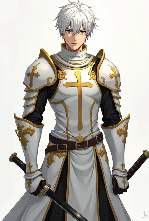 create a full body man, 18 years old, brown, Brazilian, with short white platinum hair ,  with the iris of the eyes in the color white ,  who wears armor ,  similar to that of Mael from the anime Nanatsu no Taizai, white with gold ,  armor with details in ...