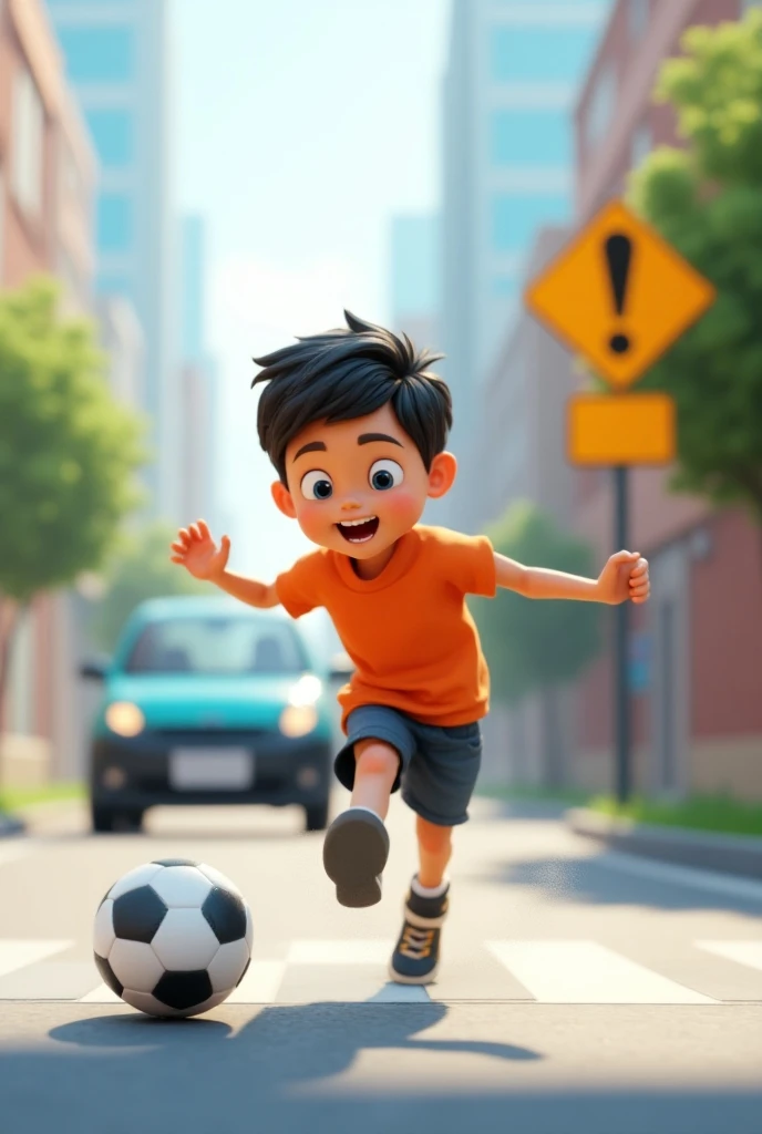 A boy playing soccer on the road with a warning sign and a car,3D CARTOON TRANSPARENT BACKGROUND
