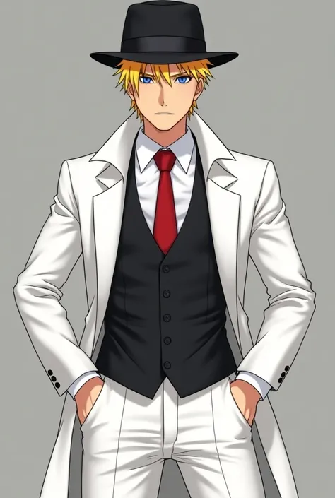 20 year old naruto tan skin , blonde spikey hair with blue eyes wearing  a black  fedora, a black vest , a white dress shirt and a red tie, as well as  white dress pants and a white overcoat . Solo, High Resolution, 