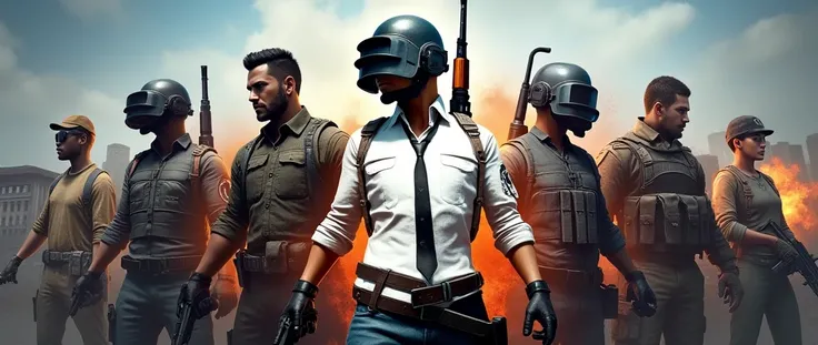 Create a picture of PUBG mobile, call of duty mobile, blood strike,and Free fire characters and in the middle of the picture they wrote "call of duty/PUBG mobile Nigeria"