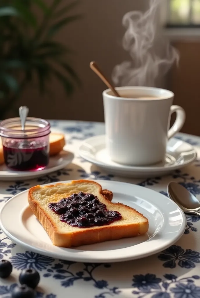 White plate,  dining table with a stylish tablecloth,  moderately baked toast ,  blueberry jam , Jam jar , Lid open,  spoon stuck ,  coffee cup ,  steam is coming out, ((Realistic)), ((UHD, masterpiece, super detail, high details, best quality, 8k))@NikuU34