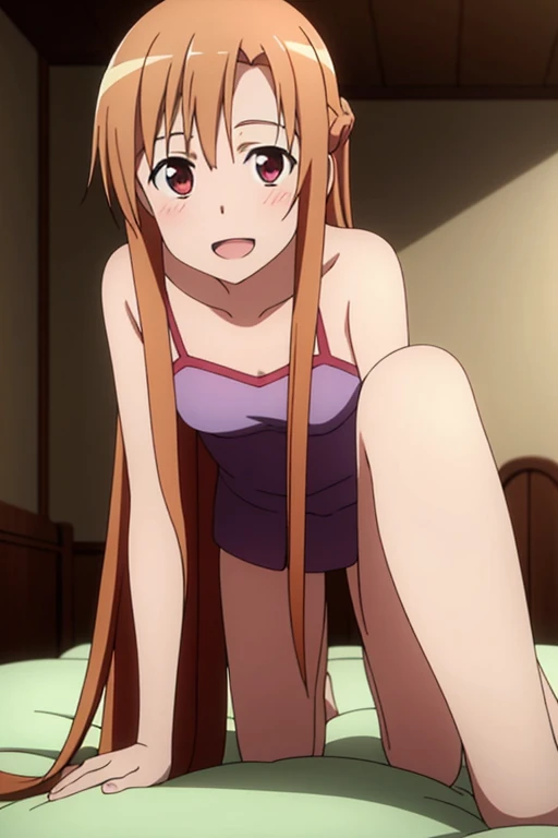 ((Best Quality)), ((masterpiece)), (be familiar with),  perfect face, indoor, bedroom,  watching viewers,
One woman, Yuuki Asuna,
Open Mouth, Ecstatic expression, blush, smile,
Small breasts,  flat chest, , , child, Girl,
Long Hair,  long hair,
Leg spread,