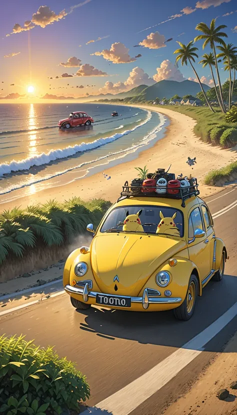 (((2 cars running side by side 1 .9))),((( 2 cars running side by side at great speed shot 1.9))), Totoro and Pikachus dead heat ,(((live-action adaptation))),(((Sunset on the beach))),(((Takashi Murakami Style1.9))),((( Pikachu drives a purple cullinan ))...