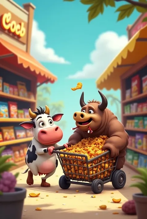 MAKE A CARTOON OF A COW PUSHING A SNACK-FILLED TROLL IN A MINI MARKET WITH THE CAPTION "CAPI MART "