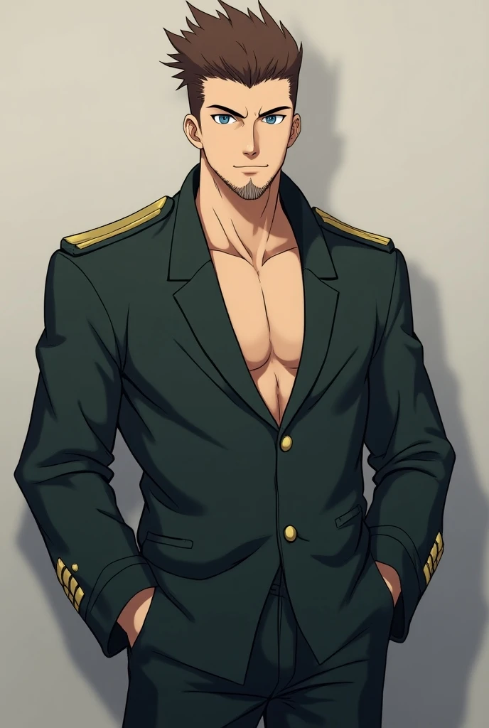 (1 image only), solo male, 1boy, Heymans Breda, Fullmetal Alchemist, anime, 2D, blue eyes, brown hair, short hair, high fade, stubble, handsome, chubby, open pure blue military uniform, confidence, charming, alluring, upper body in frame, perfect anatomy, ...