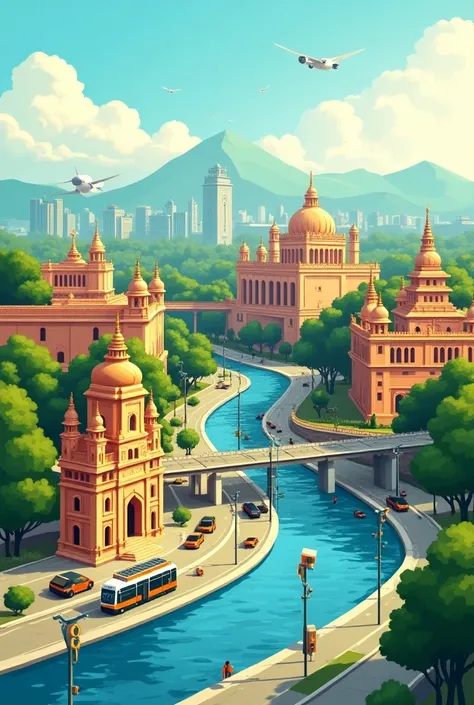 "An A3-sized poster showcasing Pune as a smart city in India, blending modern smart infrastructure like solar-powered buildings, electric public transport, smart waste management systems, and green spaces with iconic heritage landmarks such as Shaniwar Wad...