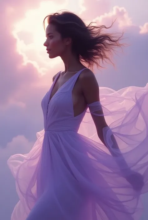 Breathtaking middle ground portrait of a beautiful young dark-skinned woman from Liechtenstein, dressed in a light sexy dress with an airy fantasy neckline that flutters in the wind, smoothly transforming into a transparent haze. Dynamic pose. There are li...