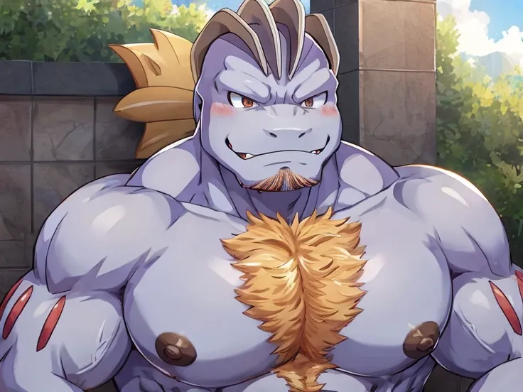 Machoke(Pokémon)、かいりきPokémon、High image quality、high quality、In anime style、 Big Nipples 、Big cock、onsen、Moderate chest hair 、 moderately crotch hair 、Feeling face、