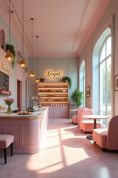  A coffee and confectionery that is minimalist but classic at the same time in a large space (spacious)  with pastel colors pink and light blue ,  closed and heated 
And on the outside you can see Royal Coffee written (Name of the place )