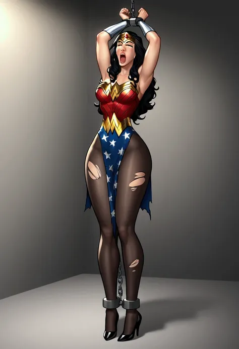 a wonder woman , desnuda, arms up,  normal breasts , standing. long legs,  big thighs,  black pantyhose is looking at me, black ...