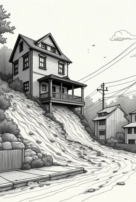 DRAWING-LIKE IMAGE OF A LANDSLIDE TO MAKE INFOGRAPHIC, A HOUSE IN THE CITY BEING AFFECTED, Cartoon
