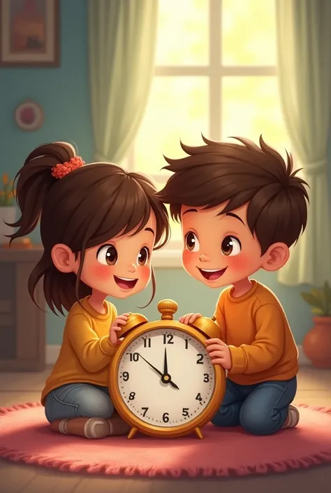 In a bright and cozy s room, a cheerful young girl and boy sit together, their hands grasping a gig analog clock as they learn about time-telling. The girls smile is contagious, while the boys expression is concentrated on deciphering the clocks workings. ...