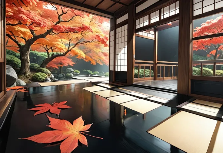   Black Glowing Blackboard Floor  、   Floor Reflects Like a Mirror   、  Dark Temple Room   、   Wooden Hallway Handrails are placed behind the floor surface、   Japanese Garden with Lots of Red Maple Trees   、   Scenery of Autumn Leaves Reflected in a Black ...