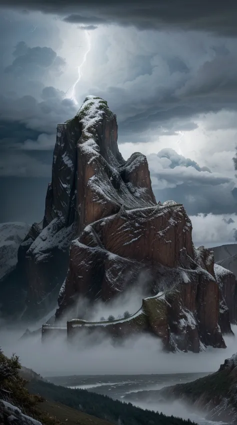 Create a video scene that captures the overwhelming power of nature, making viewers feel small and insignificant. Show a vast, towering mountain range with jagged peaks piercing the sky, surrounded by turbulent storm clouds. Massive waves crash violently a...