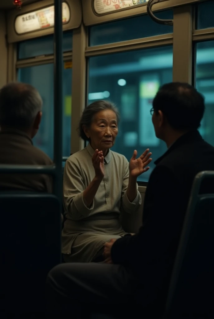 Chinese old woman talking in bus in dark nigjht