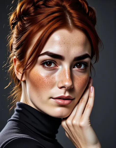 Photorealistic, cinematic style, close-up portrait picture of a beautiful British woman. She has Brown eyes, downturned eye shape.  looking in the camera. She has long reddish-brown hair, gathered up hairdo. Perfect hand,HDR, intricate details,