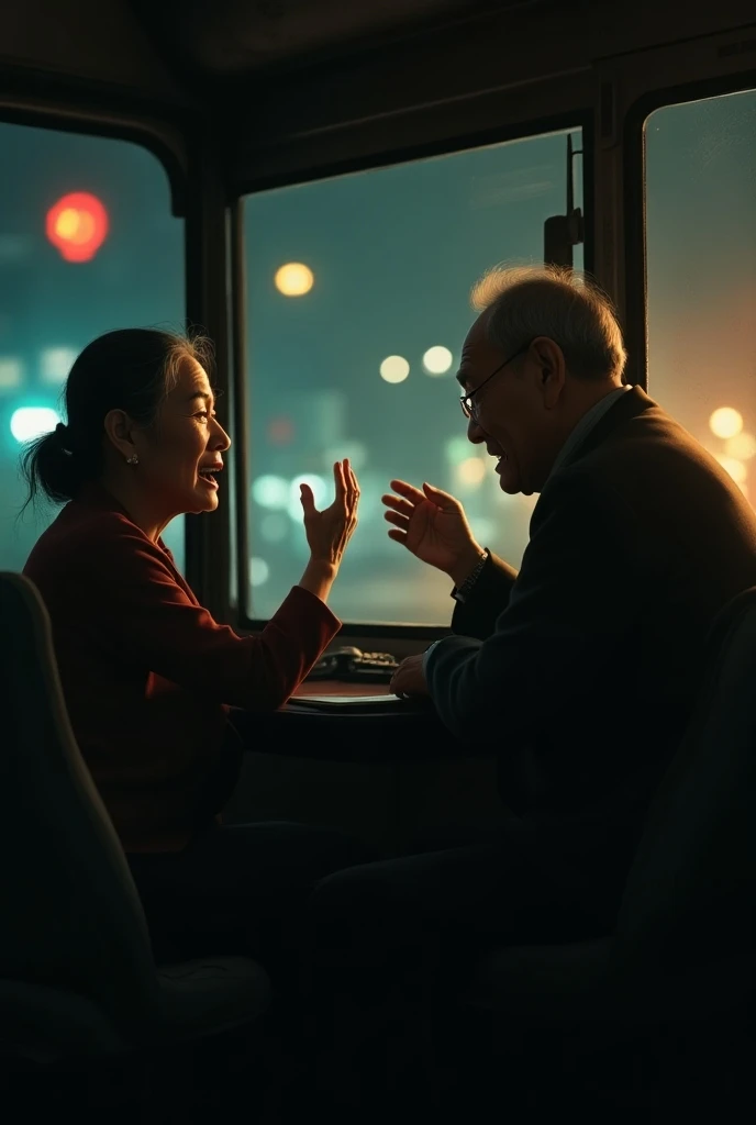 Chinese old woman talking in bus with driver in dark nigjht