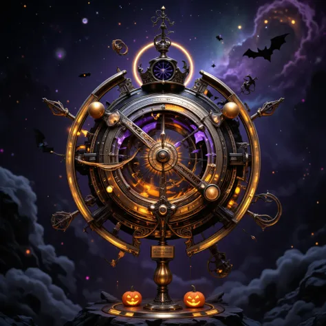 decorate the orrery in halloween style, background galaxy, cosmic rays, delicate and dynamic textures, contrasts of light and sh...