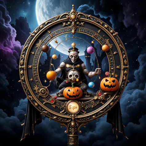 decorate the orrery in halloween style, background galaxy, cosmic rays, delicate and dynamic textures, contrasts of light and sh...