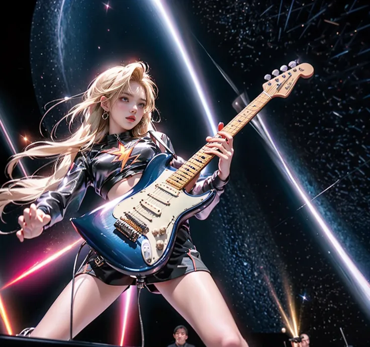  on stage、 electric guitar that shines in the dark、Fender Guitars、 guitar shaped like a flying V 、 electric guitar that shines in the dark 、Surrounding it is a lightning 、