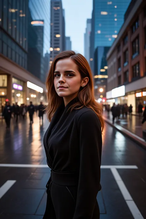 A captivating Emma Watson stands in the heart of the city, exuding elegance and confidence. Her long, flowing hair catches the city lights as they reflect off the glass buildings around her. She wears a chic, modern outfit that perfectly complements hegure...