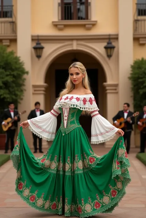 a beautiful blonde woman, her hair is well combed, elegant, dressed as a mariachi with a typical Mexican costume, the color of the dress is green, white and red, her hands extend the dress to both sides. She is dressed very beautifully and elegantly. In th...