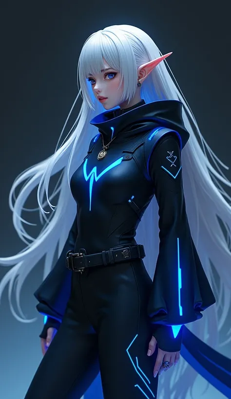 A futuristic anime-style character, with long white hair and elf-like ears, wearing a sleek, dark outfit with glowing accents. She stands confidently, her posture elegant. Replace any branding or logos with the VIVO logo in blue. The background is minimali...