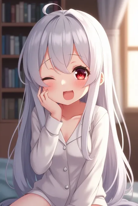 Long hair, Open your mouth, Chill, red eyes, White hair,Close one eye, sleepy,   Anime Style, Girls White Pajamas, cute anime, Book mobile 