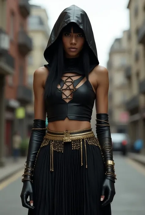  Hello my beautiful Chat GPT ,  I would like to ask you something please : Create me an image in which a costume that mixes rock is used + Egyptian style.  These clothes must have a pleated black skirt , cut with gold details .  A smooth criss-fit top with...