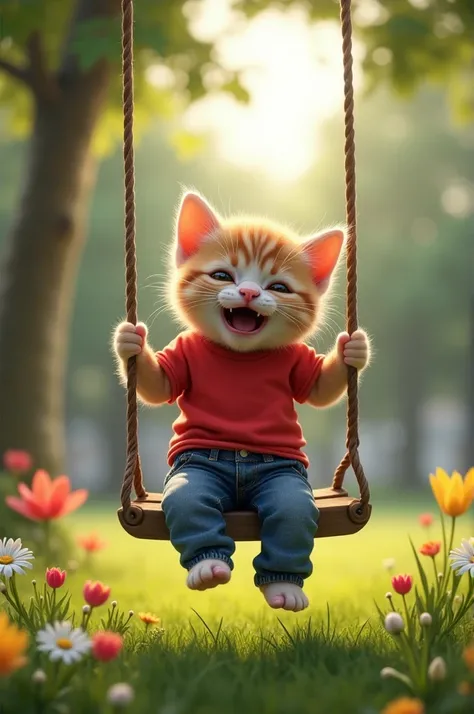 A cute little kitten in red tshirt and blue jeans falls while swinging on a swing in a park and gets seriously injured and crying ai image