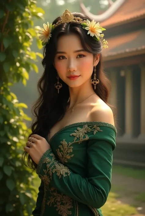 Masterpiece. Beautiful Asian woman wearing an intricately designed and elegant silk dress that drapes gracefully over the waist, off shoulder, looking at the camera, big bust: 1.7 with an emerald green blouse decorated with intricate embroidery. Her long d...