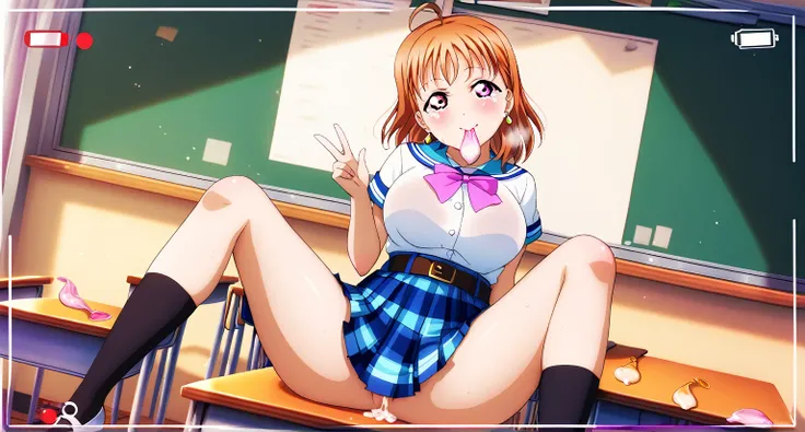 (Masterpiece, Best Quality, High Quality), anime style, love live, (takami chika, pale orange hair, medium hair, ahoge, pink eyes), 8k wallpaper, looking at viewer, viewfinder, earrings, classroom, erotic figure, shiny skin, (blushing:1.2, anxious face:1,2...