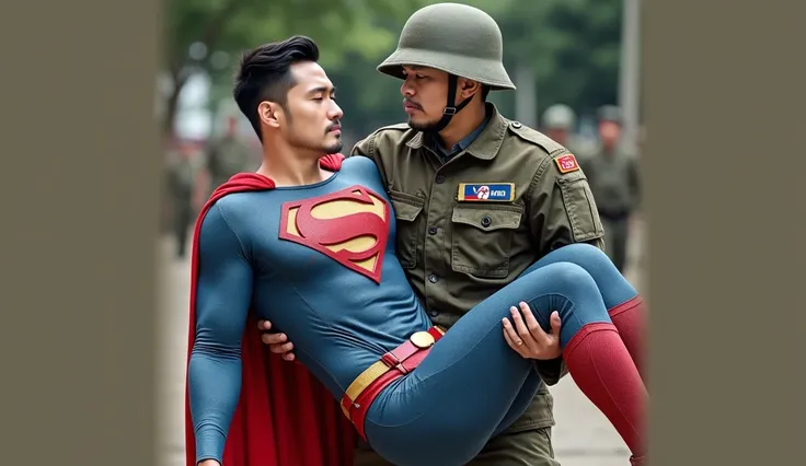 superman,  30-year-old korean face , attractive, the blue superman suit with muscular,, (black undercut ,   blue leggings and re...