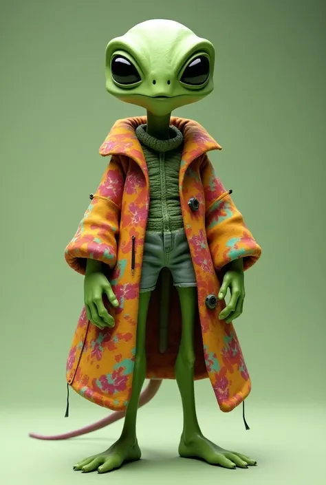 A green ET with colorful clothes, Contenting in 3D, realistic 