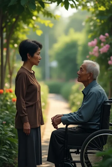 A 60 year old woman with short black hair and an Indonesian face is seen standing, face to face with a 70 year old man sitting in a wheelchair. Around the garden area of ​​the nursing home yard.