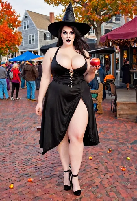 full body shot of a modern day lightly clad beautiful witch with a curvy body and large breasts, wearing open-toe high heel shoe...