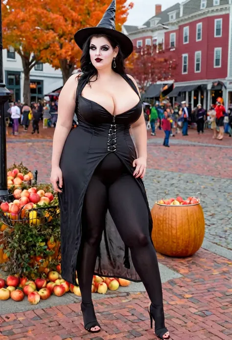 full body shot of a modern day lightly clad beautiful witch with a curvy body and large breasts, wearing open-toe high heel shoe...