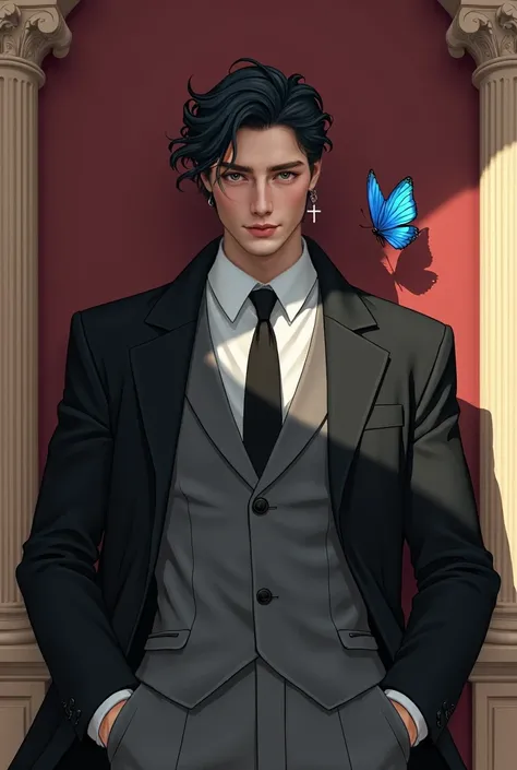 Handsome adult man with a perfect and symmetrical face. Robust body. He has wavy black hair with strands over his eyes and eyebrows. He has long eyelashes and blue eyes. He wears a black cloth coat, an elegant grey suit, a white shirt and a black tie. He i...