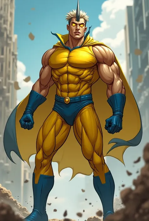 man , rubio , white , muscular , tonificado , high , handsome , yellow-eyed ,  wearing a yellow superhero suit ,  with boots and gloves color blue  ,  and a helmet-type helmet  ,  who is flying  , superhero, ,   bullet shaped helmet   , man bullet , naked 