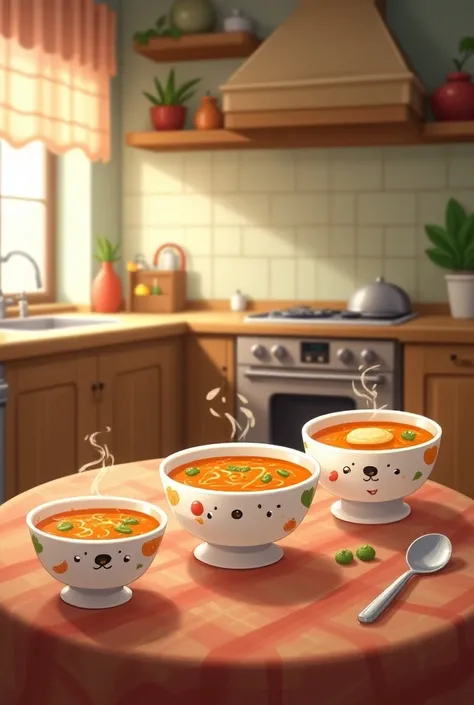 A kitchen with a dining table with 3 different sized soup bowls cute cartoon

