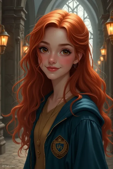  Young girl from Ravenclaw with red hair , brown eyes and pink lips . slim, delicate,  pretty face and with a very nice smile standing in one of the corridors.