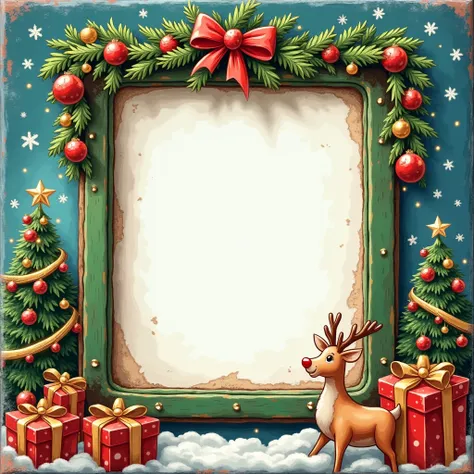  Create a design for a in tile that captures the spirit of Christmas.  The picture frame must have a square shape ,  with decorative borders in green and red . In the background,  add a Christmas scene with a decorated Christmas tree ,  falling snowflakes ...