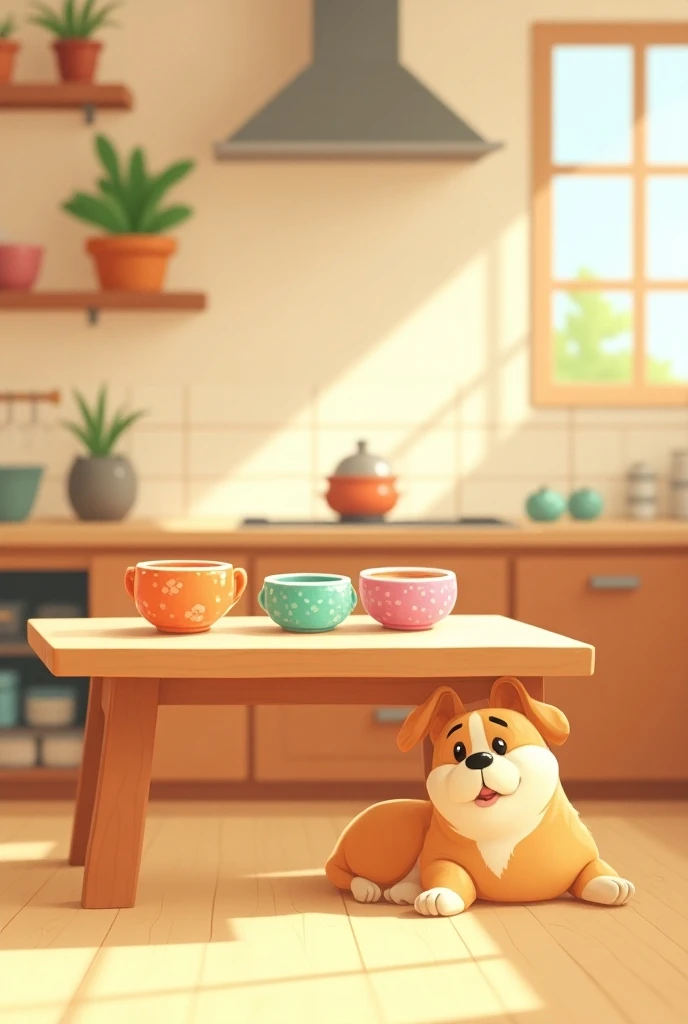 A kitchen with a dining table with 3 different sized soup bowls cute cartoon
Teda lying down
