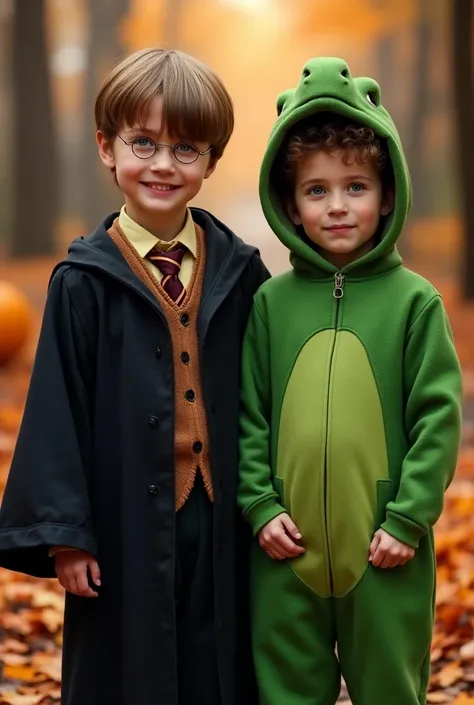 Nine-year-old boy, white skin, dark blond hair and green eyes, In Harry Potter costume
 boy , younger brother , white skin,  curly brown hair and brown eyes ,  dressed as a green dinosaur
Happy Halloween 