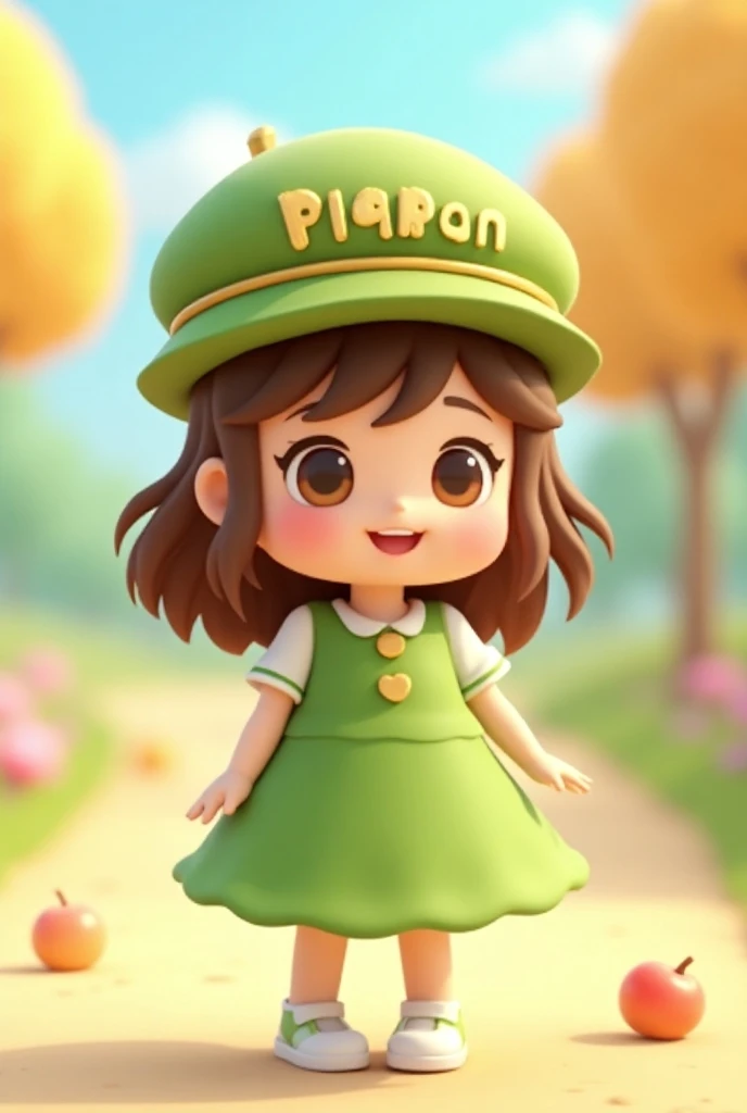 1 cute girl, 9 grids, 9 poses and expressions, cute, pink cardigan, blue eyes, two knots, freckles, different emotions, 8K
 "Render a 3D image of a chibi-style girl named PIMONPAN. She has long, wavy brown hair with gold highlights and wears an apple green...