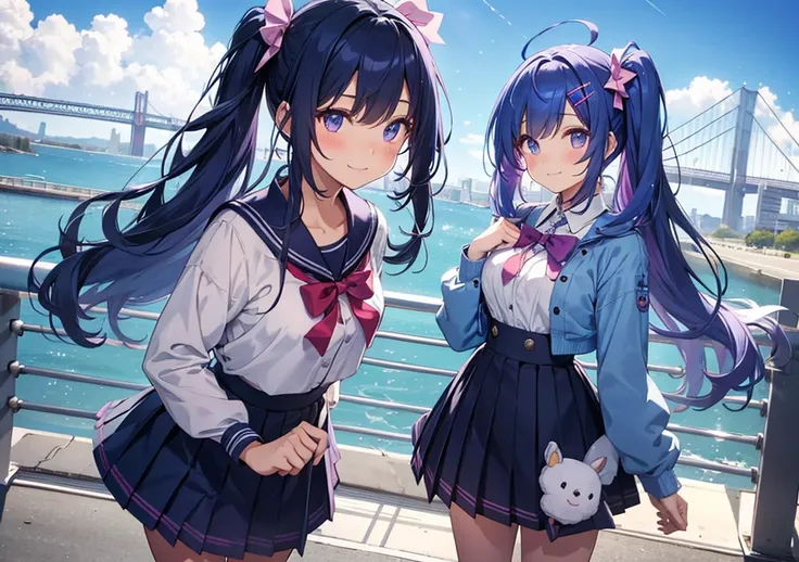 A spirited girl with deep blue hair styled in high pigtails, accented with bright violet ribbons and star-shaped hair clips. Her sparkling violet eyes reflect her adventurous spirit, and she wears a chic sailor outfit with a crisp collar and a pleated skir...